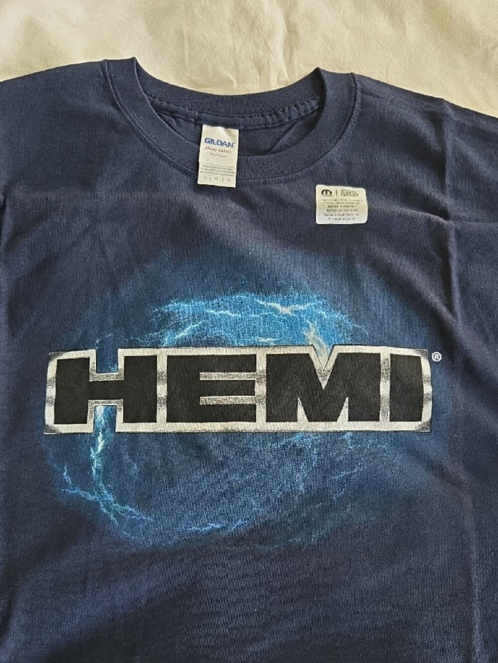 New Gildan Navy Blue HEMI Graphic Tee with Electric Blue Accent